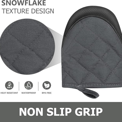 1 Pair Short Oven Mitts - Silicone Kitchen Oven Gloves High Heat Resistant 500℉, Mini Oven Mits with Non-Slip Grip Surfaces and Hanging Loop for BBQ, Baking, Cooking and Grilling (Solid Gray)