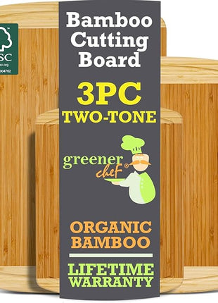 Organic Wooden Cutting Boards for Kitchen Set of 3 with Lifetime Replacements – Premium Extra Large Bamboo Chopping Boards with Juice Grooves for Carving & Serving, Non-Toxic & Durable by Greener Chef