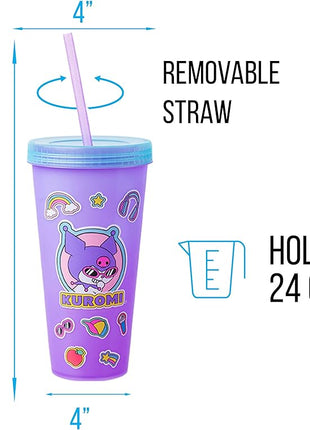 Silver Buffalo Sanrio Hello Kitty and Friends Sticker Design Featuring Kuromi, Keroppi, My Melody, and Hello Kitty 4 Pack Color Changing Plastic Tumbler Set with Glitter Straw, 24 Ounces