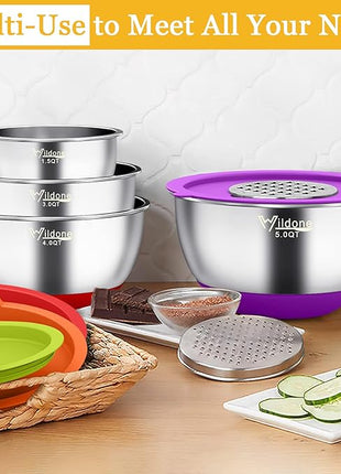 Wildone Mixing Bowls with Airtight Lids, 22 PCS Stainless Steel Mixing Bowls Set, 3 Grater Attachments, Measurement Marks & Non-Slip Bottom, Size 5, 4, 3, 2,1.5, 0.63QT, Ideal for Mixing & Prepping