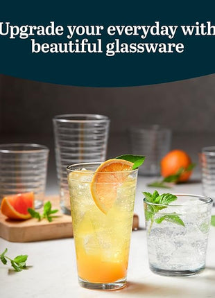 Libbey Hoops Tumbler and Rock Glass Set, Two Sized Nostalgic Retro Glass Cups Set, Dishwasher Safe Glasses Drinking Set of 16 for Any Occasion