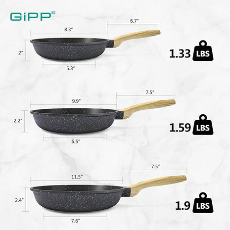GiPP Non Stick Frying Pan Set - 8" 9.5" 11" Granite Nonstick Skillets, Non Toxic, Omelette Pan with Stay Cool Handle, Induction Compatible, PFAS/PTFE/PFOA Free, Grey