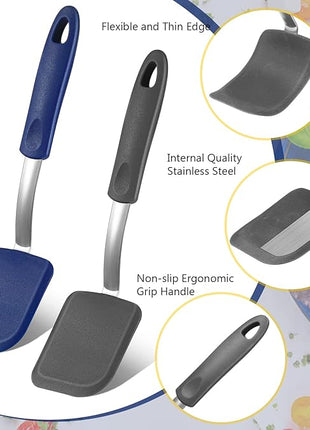 Silicone Cookie Spatula Turner 2 Pack Mini Brownie Spatula Flexible Kitchen Small Silicone Turner for Nonstick Cookware Heat Resistant No Scratch Flipper for Egg Pancake(Gray, Blue)