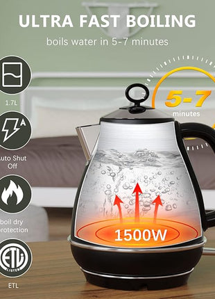 Evoloop 1.7L Electric Kettles, BPA Free Tea Kettle, Hot Water Boiler Heater, Stainless Steel Teapot, Auto Shut-Off & Boil-Dry Protection, 120V/1500W (Black)