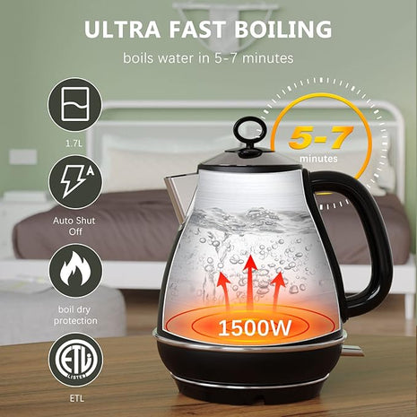 Evoloop 1.7L Electric Kettles, BPA Free Tea Kettle, Hot Water Boiler Heater, Stainless Steel Teapot, Auto Shut-Off & Boil-Dry Protection, 120V/1500W (Black)