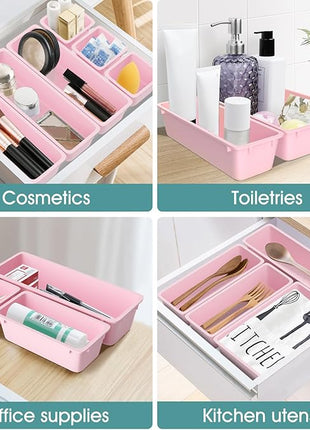 WOWBOX 25 PCS Plastic Drawer Organizer Set, 4 Sizes Desk Drawer Divider Organizers and Storage Bins for Makeup, Jewelry, Gadgets for Kitchen, Bedroom, Bathroom, Office, Pink