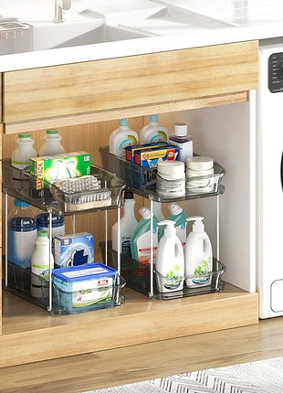 Delamu 2-Tier Under Sink Organizers and Storage, Multi-Purpose Stackable Bathroom Cabinet Organizers, Pull Out Kitchen Pantry Organization and Storage with Dividers(4 Pack, Grey)