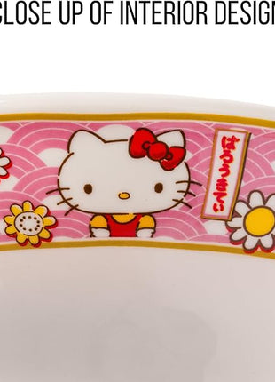 Silver Buffalo Sanrio Hello Kitty Pink and Gold Japanese Pattern with Flowers Ceramic Ramen Noodle Rice Bowl with Chopsticks, Microwave Safe, 30 Ounces