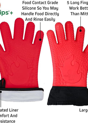 Ekogrips Plus Oven Gloves with Fingers, Comfy Waterproof Silicone Oven Mitts Heat Resistant with Long Cuff, Insulated BBQ Gloves Perfect for Grilling, Baking, Smoker, Canning, Pizza, Red, Hot Mitts