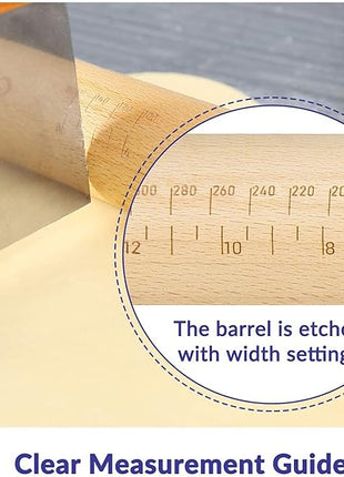 Geesta Adjustable Wood Rolling Pin with 5 Thickness Rings, Precise Dough Roller Handle Press Design with Measurement Guide for Baking Fondant, Pie Crust, Cookie, Pastry - Baking Essential