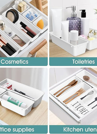 WOWBOX 25 PCS Plastic Drawer Organizer Set, 4 Sizes Desk Drawer Divider Organizers and Storage Bins for Makeup, Jewelry, Gadgets for Kitchen, Bedroom, Bathroom, Office, White