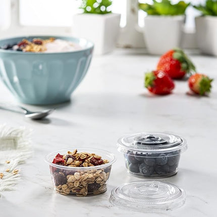 (3.25 oz - 100 Sets) Clear Diposable Plastic Portion Cups With Lids, Small Mini Containers For Portion Controll, Jello Shots, Meal Prep, Sauce Cups, Slime, Condiments, Medicine, Dressings,