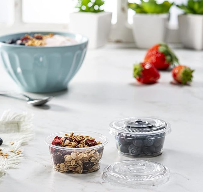 (3.25 oz - 100 Sets) Clear Diposable Plastic Portion Cups With Lids, Small Mini Containers For Portion Controll, Jello Shots, Meal Prep, Sauce Cups, Slime, Condiments, Medicine, Dressings,