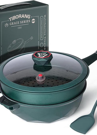 TIBORANG 8 in 1 Multipurpose 11 Inch 5 Quart Heat Indicator Nonstick Deep Frying Pan with Glass Lid,Stay-cool Handle,Steamed Grid,PFOA-Free,Dishwasher&Oven Safe,Works with All Stovetops(Green)