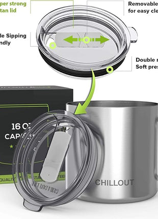 CHILLOUT LIFE Stainless Steel 16 oz Vacuum Insulated Coffee Mug with Handle and Lid, Large Thermal Camping Coffee Mug Cup with Durable Sliding Lid for Men & Women, Keeps your Beverages Hot & Cold