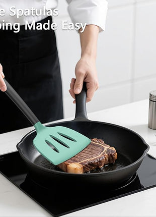 Coukre 3 Pack Silicone Spatula Set, High Heat Resistant, BPA-Free, Fish Spatula, Solid & Slotted Turner for Non-Stick Pans, Flipping Eggs, Pancakes, Fish, Burgers (3, AquaGreenBlack)