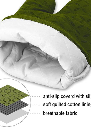KEGOUU Oven Mitts and Pot Holders 6pcs Set, Kitchen Oven Glove High Heat Resistant 500 Degree Extra Long Oven Mitts and Potholder with Non-Slip Silicone Surface for Cooking (Olive Drab)