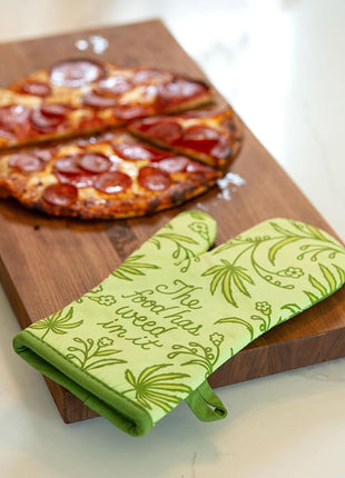 Blue Q Food Has Weed in It Funny Oven Mitts - Cute Oven Mitts, Home Kitchen Gifts, Cooking Accessories, Super-Insulated Quilting, Comfy Natural-Fitting Shape, 100% Cotton, Size 12.5" L x 7.5" W