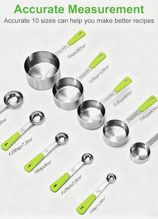 Measuring Cups and Spoons Set Stainless Steel 10 Piece for Cooking and Baking (5 Cups + 5 Spoons, Green Handle)