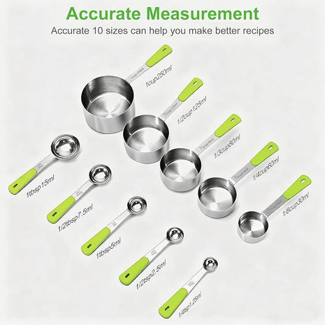 Measuring Cups and Spoons Set Stainless Steel 10 Piece for Cooking and Baking (5 Cups + 5 Spoons, Green Handle)