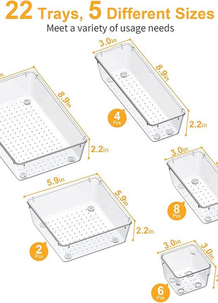 SMARTAKE 22-Piece Drawer Organizer with Non-Slip Silicone Pads, 5-Size Clear Desk Drawer Organizer Trays Storage Tray for Makeup, Jewelries, Utensils in Bedroom Dresser, Office and Kitchen, Clear