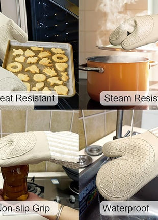 Silicone Oven Mitts Heat Resistant 932℉ with Waterproof & Non-Slip Kitchen Mittens, Set of 2 Extra Long Oven Gloves with Soft Cotton Terry Lining for Baking Cooking Barbecue (Khaki, 2)