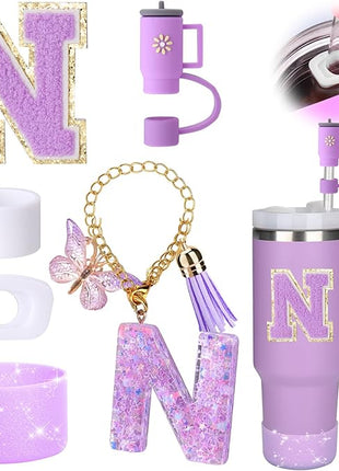 Mity rain 6PCS Cup Accessories Set for Stanley Cup 30oz 40oz tumbler with handle, Including Silicone Straw Topper Cover Cap and Boot, Spill Proof Stopper, Handle Charm, Initials Sticker (Letter N)