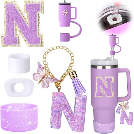 Mity rain 6PCS Cup Accessories Set for Stanley Cup 30oz 40oz tumbler with handle, Including Silicone Straw Topper Cover Cap and Boot, Spill Proof Stopper, Handle Charm, Initials Sticker (Letter N)