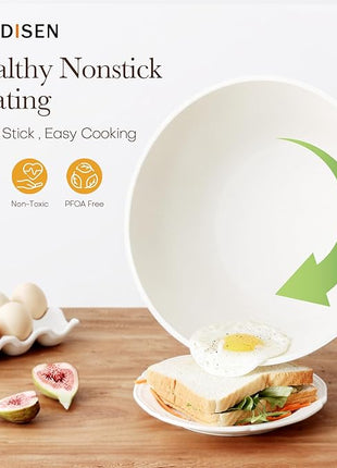 Kordisen Nonstick Wok with Lid, 12 Inch Woks & Stir-fry Pans, Healthy Coating Induction Cookware, Compatible with All Stovetops, PFOA Free (Cream White)