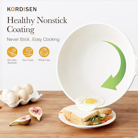 Kordisen Nonstick Wok with Lid, 12 Inch Woks & Stir-fry Pans, Healthy Coating Induction Cookware, Compatible with All Stovetops, PFOA Free (Cream White)