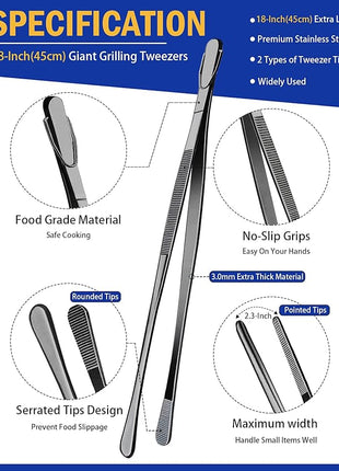 JETKONG 2 Pcs 18 Inch (45cm) Stainless Steel Grill Tongs Heavy Duty Giant Tweezer Tongs, Extra Large Tweezers Tools for Cooking, Grilling, BBQ and Turning Food (Black)