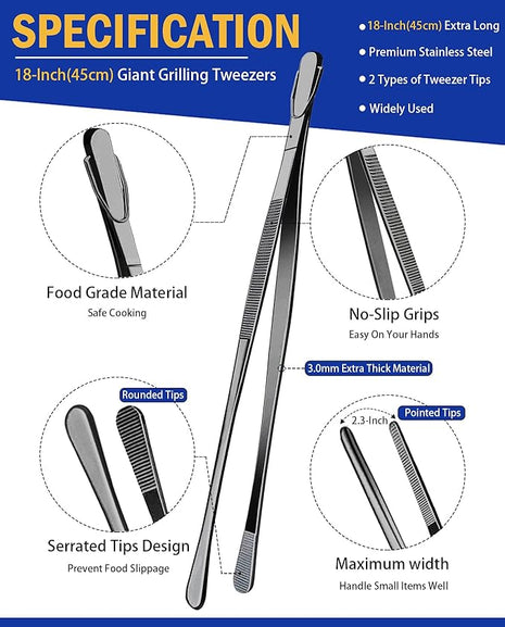 JETKONG 2 Pcs 18 Inch (45cm) Stainless Steel Grill Tongs Heavy Duty Giant Tweezer Tongs, Extra Large Tweezers Tools for Cooking, Grilling, BBQ and Turning Food (Black)