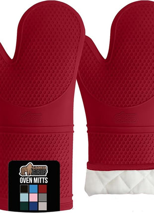 GORILLA GRIP BPA-Free Soft Silicone Oven Mitts, 14.5x8.3, Heat Resistant and Waterproof Cooking Gloves, Thick Cotton Lining, Flexible Gripping Kitchen Potholders Set of 2, Christmas Kitchen Decor, Red