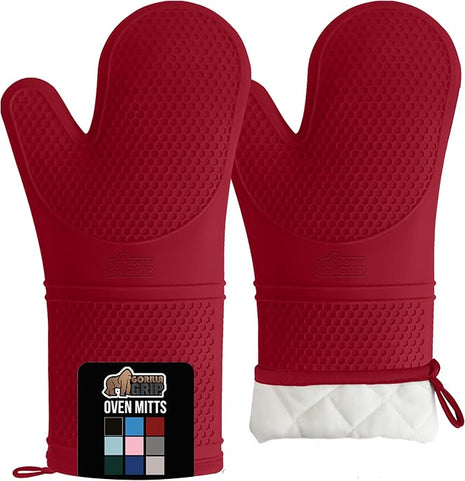 GORILLA GRIP BPA-Free Soft Silicone Oven Mitts, 14.5x8.3, Heat Resistant and Waterproof Cooking Gloves, Thick Cotton Lining, Flexible Gripping Kitchen Potholders Set of 2, Christmas Kitchen Decor, Red