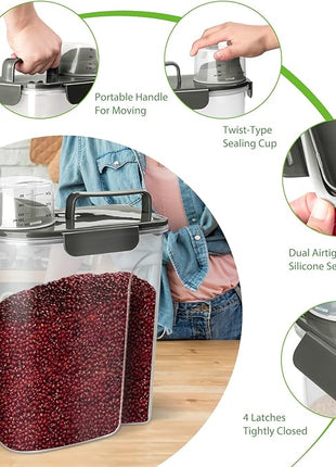 Rice Storage Container, 5 to 10lb Dry Food Airtight Dispenser, Pet Dog Cat Food Canister, BPA Free Clear Plastic Kitchen and Pantry Organization Bin for Oatmeal, Grain, Cereal, Pasta, Flour