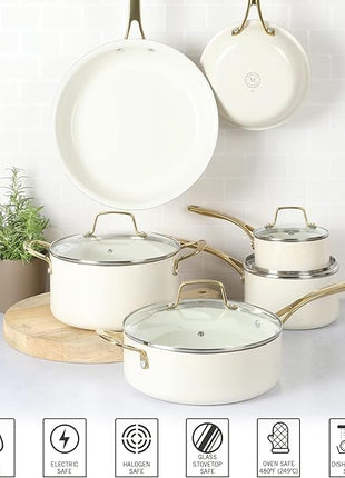 Martha Stewart Lockton Premium Non stick Non Toxic PFA Free Ceramic Interior 10 Piece Heavy Gauge Enamel Aluminum Pots and Pans Cookware Set - Linen White w/Gold Handle
