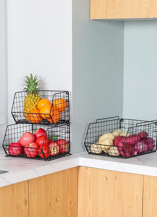 X-cosrack 3-Tier Stackable Wire Baskets for Pantry Organization and Storage, Kitchen Counter Basket for Potato Onion Storage, Fruit and Vegetable Storage Basket, Metal Baskets for Snack Produce Cans
