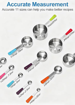Measuring Cups and Spoons Set Stainless Steel 11 Piece for Cooking and Baking (6 Cups + 5 Spoons, Colorful Handles)