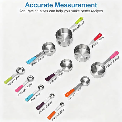 Measuring Cups and Spoons Set Stainless Steel 11 Piece for Cooking and Baking (6 Cups + 5 Spoons, Colorful Handles)