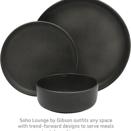 Gibson Elite Pasco 12 Piece (Service for 4) Plates and Bowls Reactive Glaze Dishes Stoneware Ceramic Dinnerware Set - Black