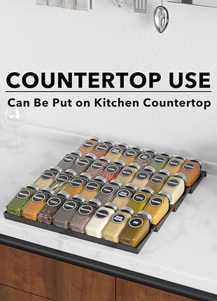 SpaceAid Spice Drawer Organizer with 32 Spice Jars, 386 Spice Labels, 4 Tier Seasoning Rack Tray Insert for Kitchen Drawers, 15" Wide x 17.5" Deep