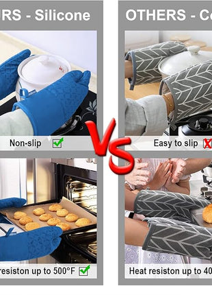 KEGOUU Oven Mitts and Pot Holders 6pcs Set, Kitchen Oven Glove High Heat Resistant 500 Degree Extra Long Oven Mitts and Potholder with Non-Slip Silicone Surface for Cooking (Royal Blue)