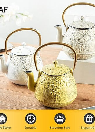 Tea Kettle, TOPTIER Japanese Cast Iron Teapot with Infuser for Loose Leaf and Tea Bags, Stovetop Safe Cast Iron Tea Kettle Coated with Enameled Interior for 40 oz (1200 ml), Beige