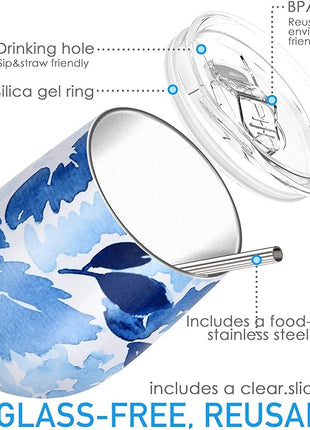 THILY Vacuum Insulated Stemless Wine Tumbler 12 oz Stainless Steel Wine Glass with Lid and Straw, Keep Drinks Cold or Hot, Christmas Birthday Gift, 2 Pack(Pink Lilies + Blue Maple)