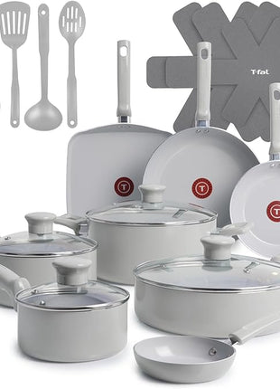 T-Fal Refresh Ceramic Pots and Pans Set, 20-Piece Nonstick Cookware Set, Stockpot, Griddle, Frying Pans, Utensils, Moon Grey