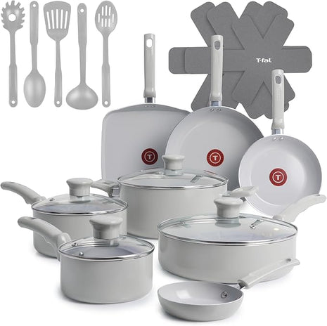 T-Fal Refresh Ceramic Pots and Pans Set, 20-Piece Nonstick Cookware Set, Stockpot, Griddle, Frying Pans, Utensils, Moon Grey