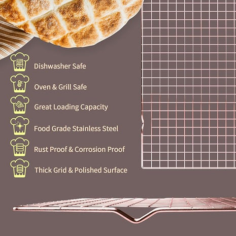 Briout Cooling Rack for Baking, 2-Pack 16x10 Inches Baking Rack, Thick Wire Cookie Rack for Cooking, Roasting, Grilling, Drying, Oven Safe, Fits Half Sheet Pan, Rose Gold