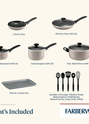 Farberware 21805 Dishwasher Safe Nonstick Cookware Pots and Pans Set, 15 Piece, Champagne
