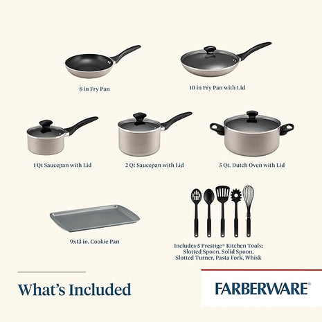Farberware 21805 Dishwasher Safe Nonstick Cookware Pots and Pans Set, 15 Piece, Champagne