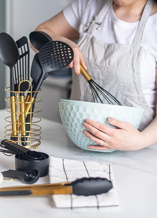 Black and Gold Kitchen Utensils Set with Stainless Steel Holder – 18-Piece Nylon Cooking Utensils with Measuring Cups and Spoons – Stylish Gold Kitchen Accessories for Baking and Cooking